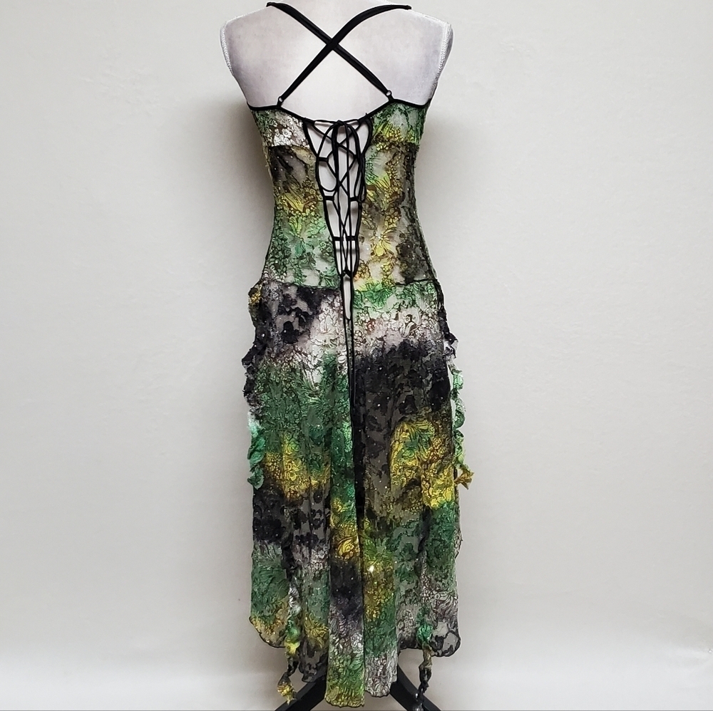 80s Rare Vintage Surprise Parties Green Tie-Dye Sheer Lace Lace-up Bustle Dress - Picture 14 of 16